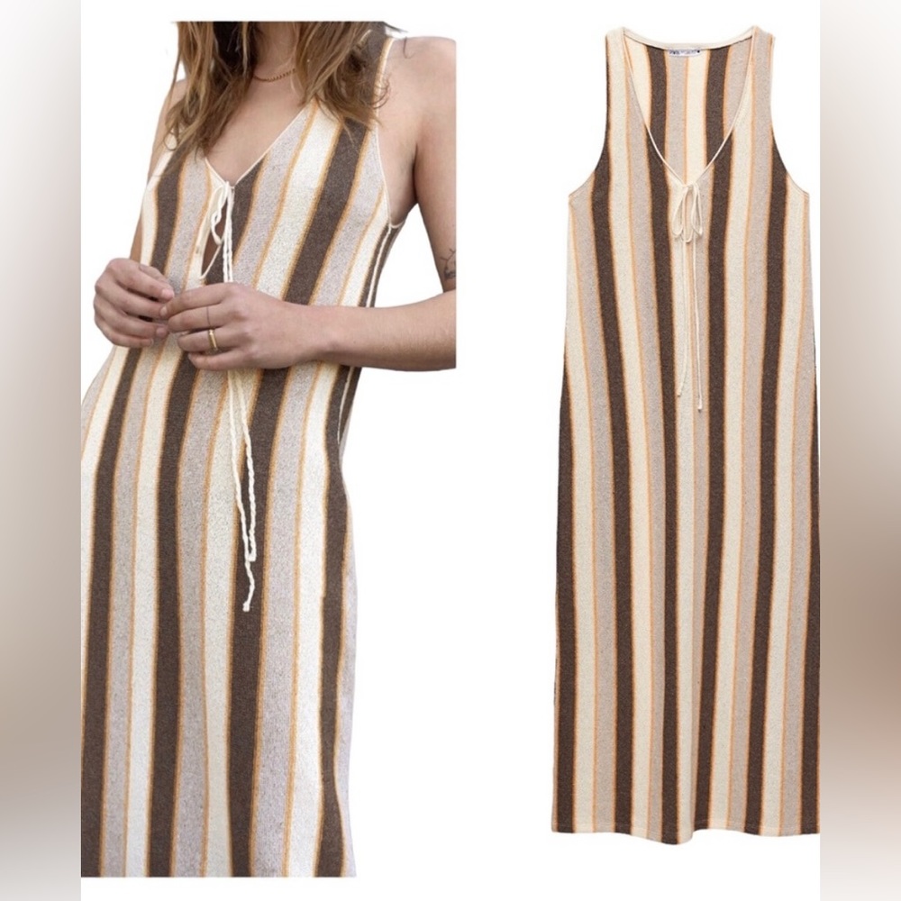 Zara knit dress stripe rustic tie boho beach beige brown womens